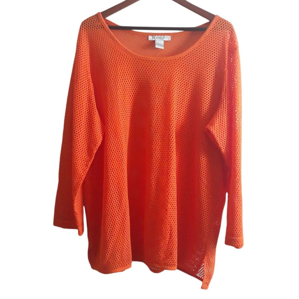 Romans Netted Open Knit Overlay Top Womens 1x Orange Long Sleeves